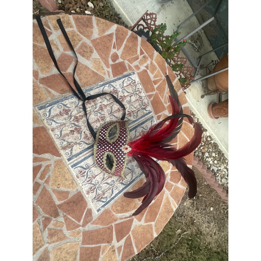 Burgundy Feather Masquerade Mask Rhinestone Gold Trim Venetian Costume Accessory